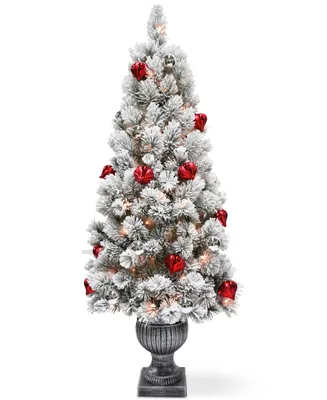 National Tree Company 5' Snowy Bristle Pine Entrance Tree With Urn Base, Ornaments & 100 Clear Lights