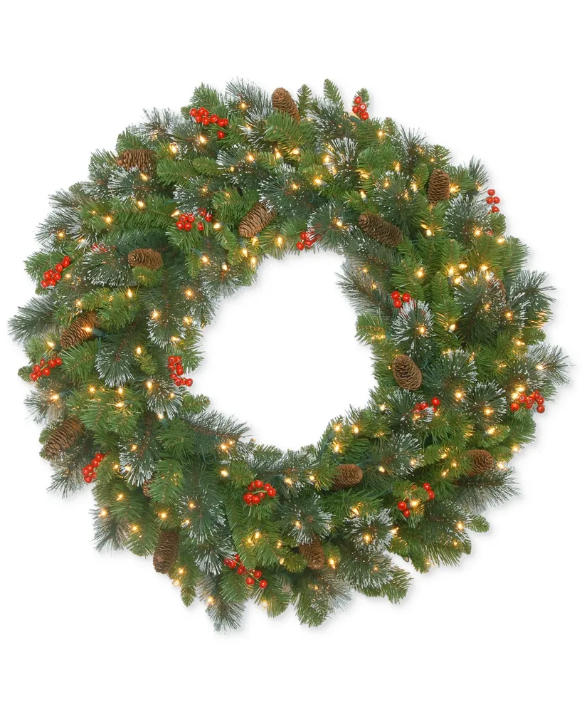 National Tree Company 30" Crestwood Spruce Wreath With Pine Cones, Berries, Glitter & 70 Clear Lights