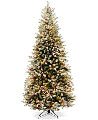 National Tree Company 7.5' Dunhill Fir Slim Hinged Tree with Snow, Red Berries, Cones & 600 Clear Lights