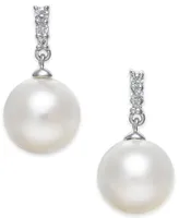 Cultured Freshwater Pearl (8mm) & Diamond Accent Drop Earrings in 14k White Gold