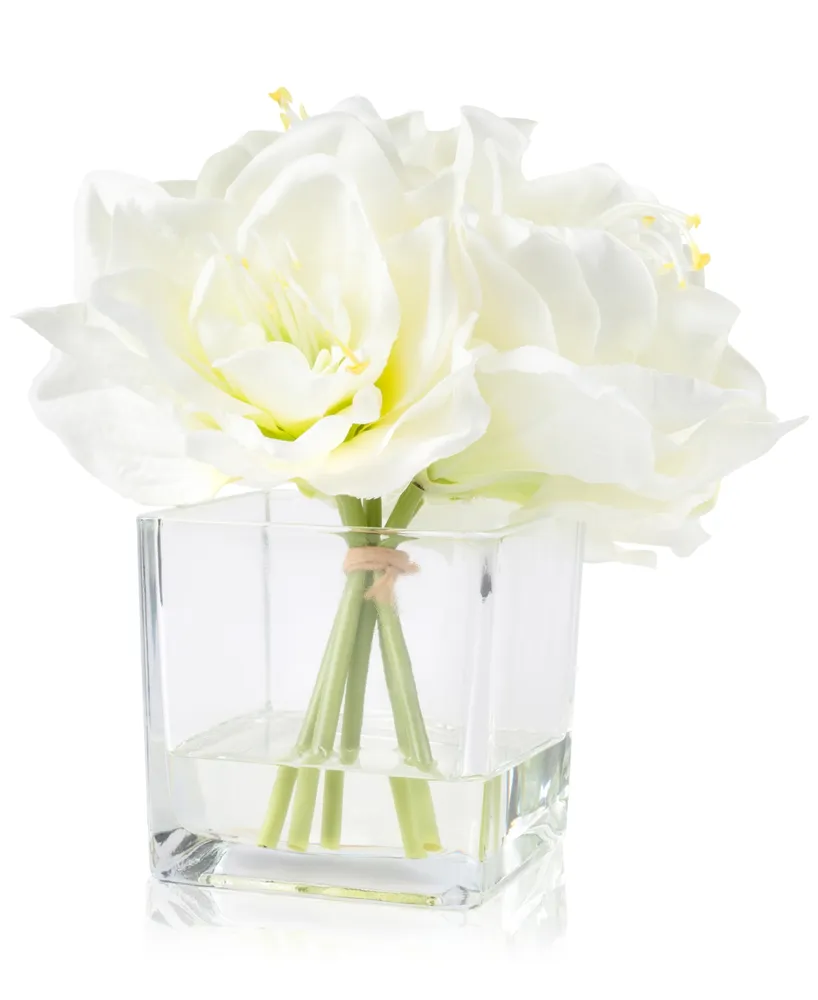 Pure Garden Cream Lily Floral Arrangement With Glass Vase, 8.5" x 7.5" x 7.5"