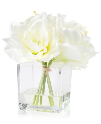 Pure Garden Cream Lily Floral Arrangement With Glass Vase, 8.5" x 7.5" x 7.5"