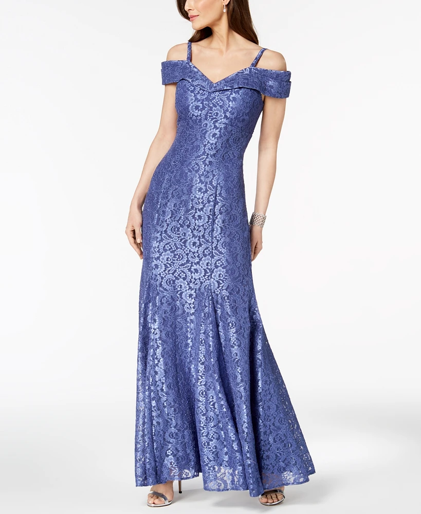 R & M Richards Off-The-Shoulder Lace Gown