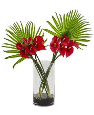 Nearly Natural Calla Lily and Fan Palm Artificial Arrangement in Cylinder Glass Vase