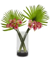 Nearly Natural Calla Lily and Fan Palm Artificial Arrangement Cylinder Glass Vase