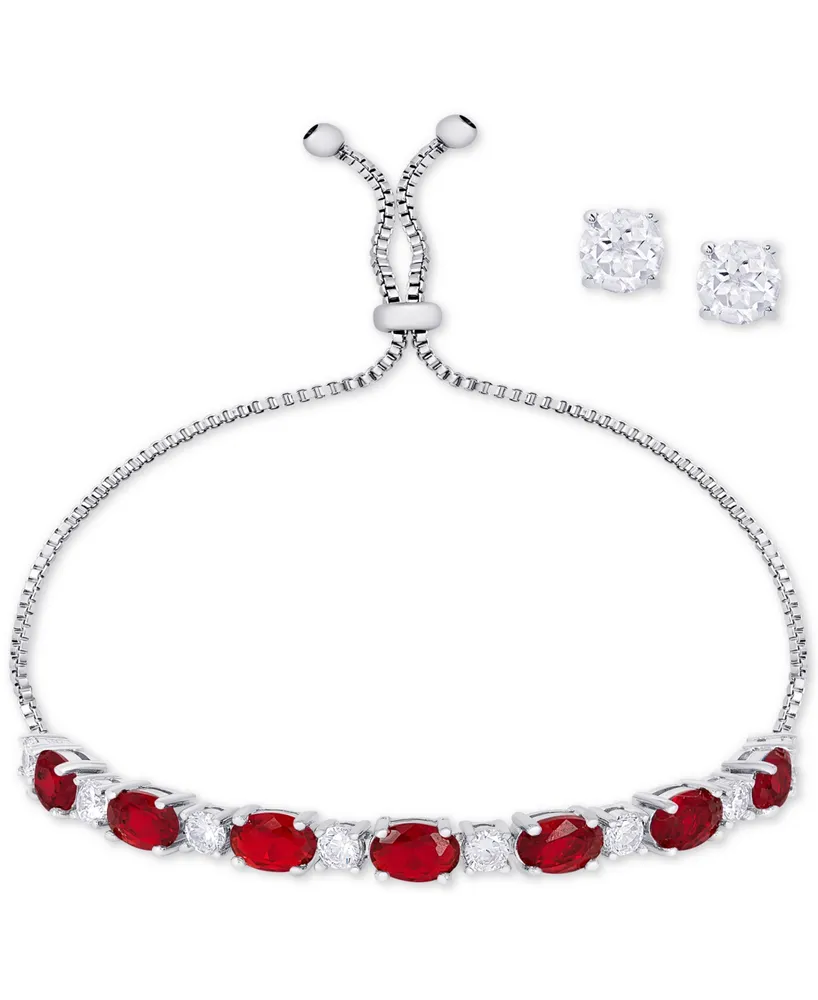 Simulated Ruby Slider Bracelet & Cubic Zirconia Stud Earrings Set In Silver-Plate, July Birthstone