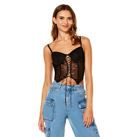 Black Floral Lace-Up Corset Top