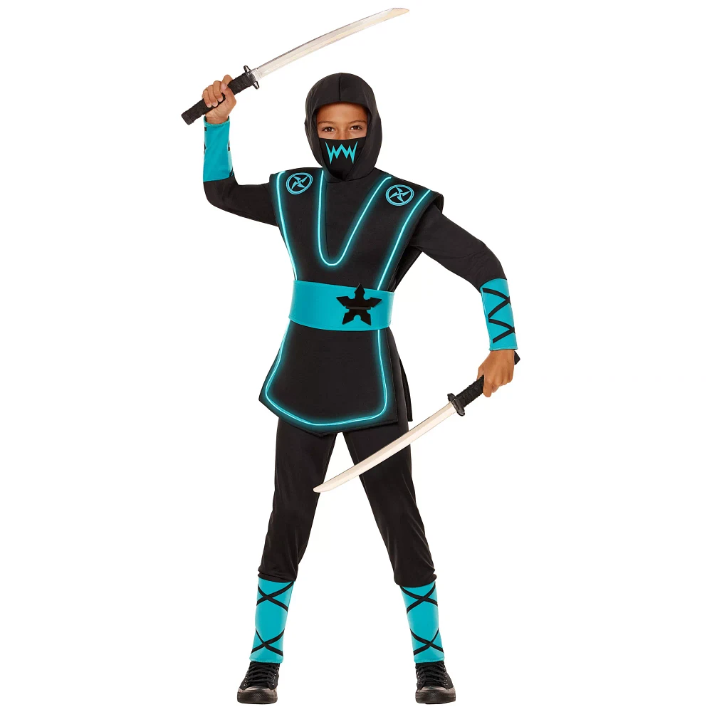 Kids Blue Light-Up EL Wire Ninja Costume