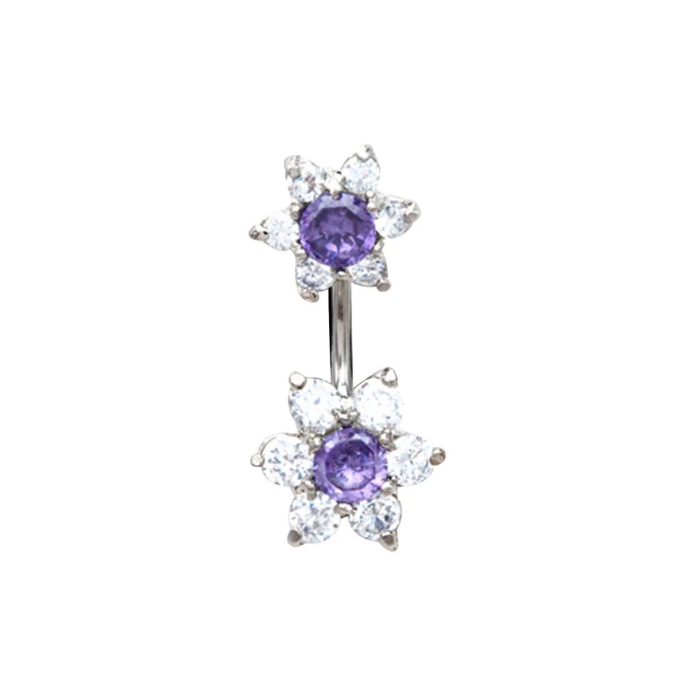 Purple CZ Flower Belly Ring - 14 Gauge