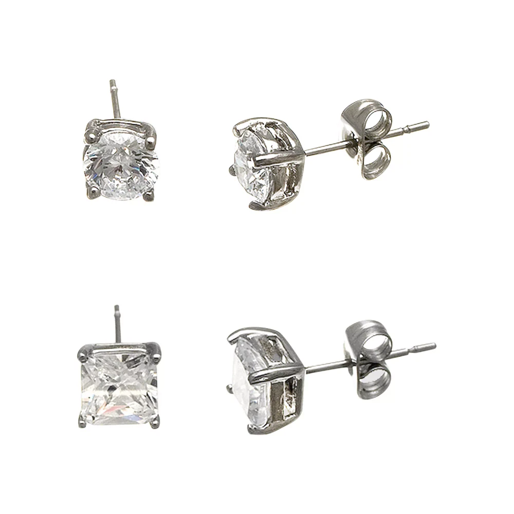Round and Square CZ Stud Earrings - 2 Pair
