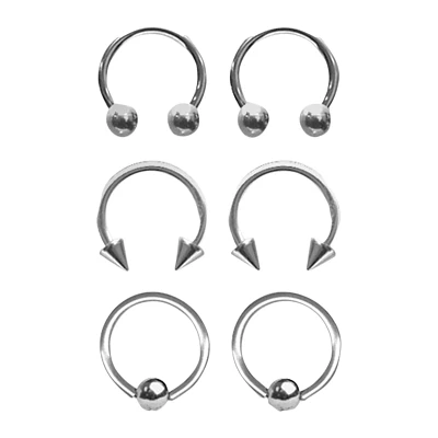Multi-Pack Silvertone Captive Bead and Horseshoe Rings 3 Pair - 16 Gauge