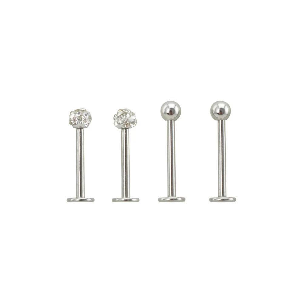 Clear CZ Dimple Labret Lip Rings 4 Pack - 16 Gauge