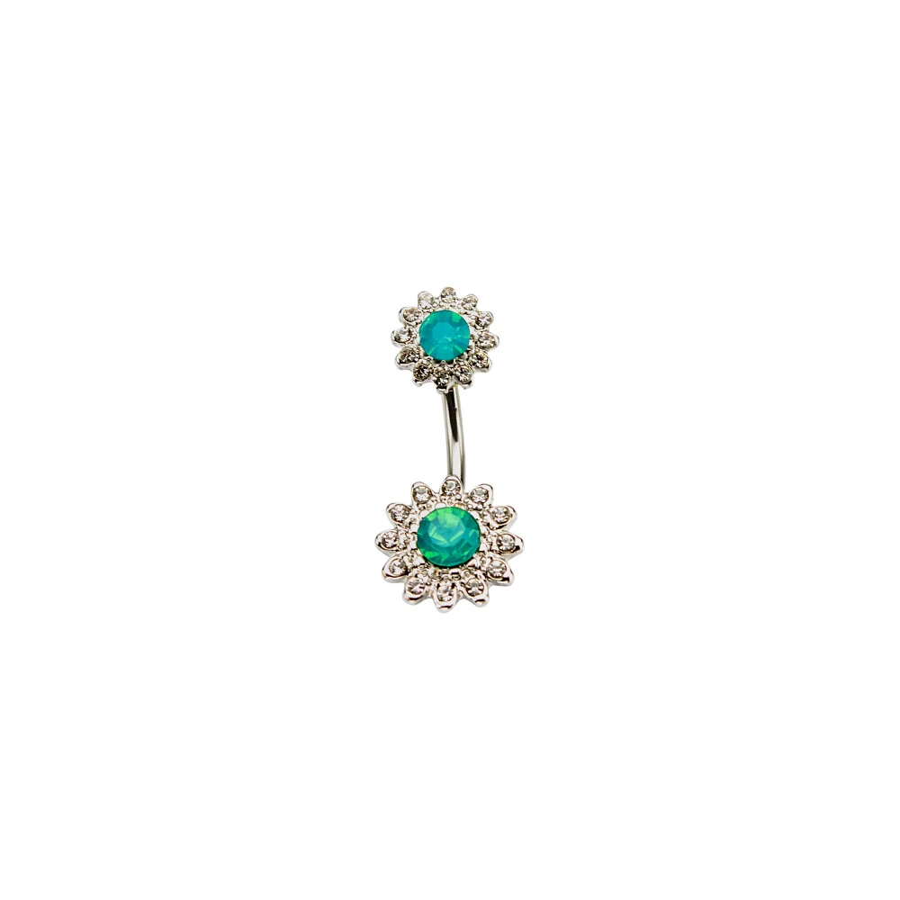 Green CZ Double Flower Barbell Belly Ring- 14 Gauge