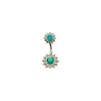 Green CZ Double Flower Barbell Belly Ring- 14 Gauge