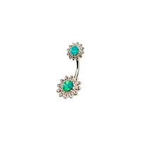 Green CZ Double Flower Barbell Belly Ring- 14 Gauge