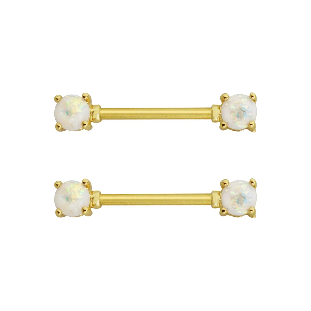 White Opal-Effect Nipple Barbells - 14 Gauge