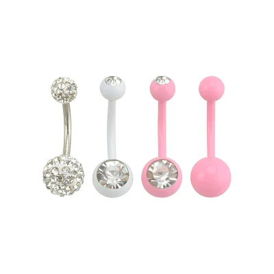 Pink and Silver CZ Belly Ring 4 Pack - 14 Gauge