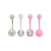 Pink and Silver CZ Belly Ring 4 Pack - 14 Gauge