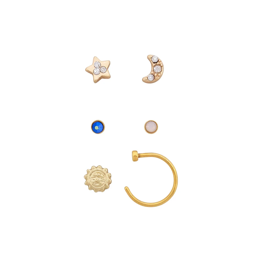 Multi-Pack Moon and Star Nose Rings 6 Pack - 20 Gauge