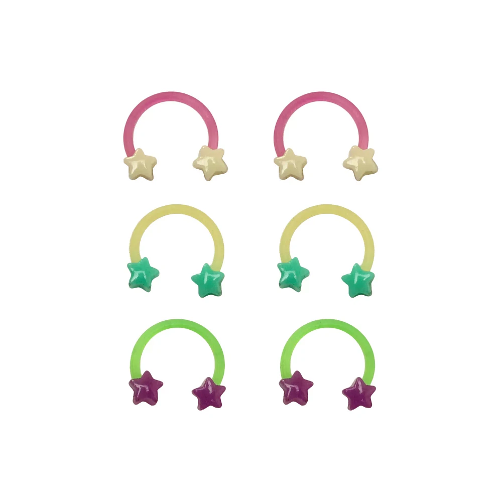 Multi-Pack Star Glow In The Dark Horseshoe Rings 3 Pair - 16 Gauge