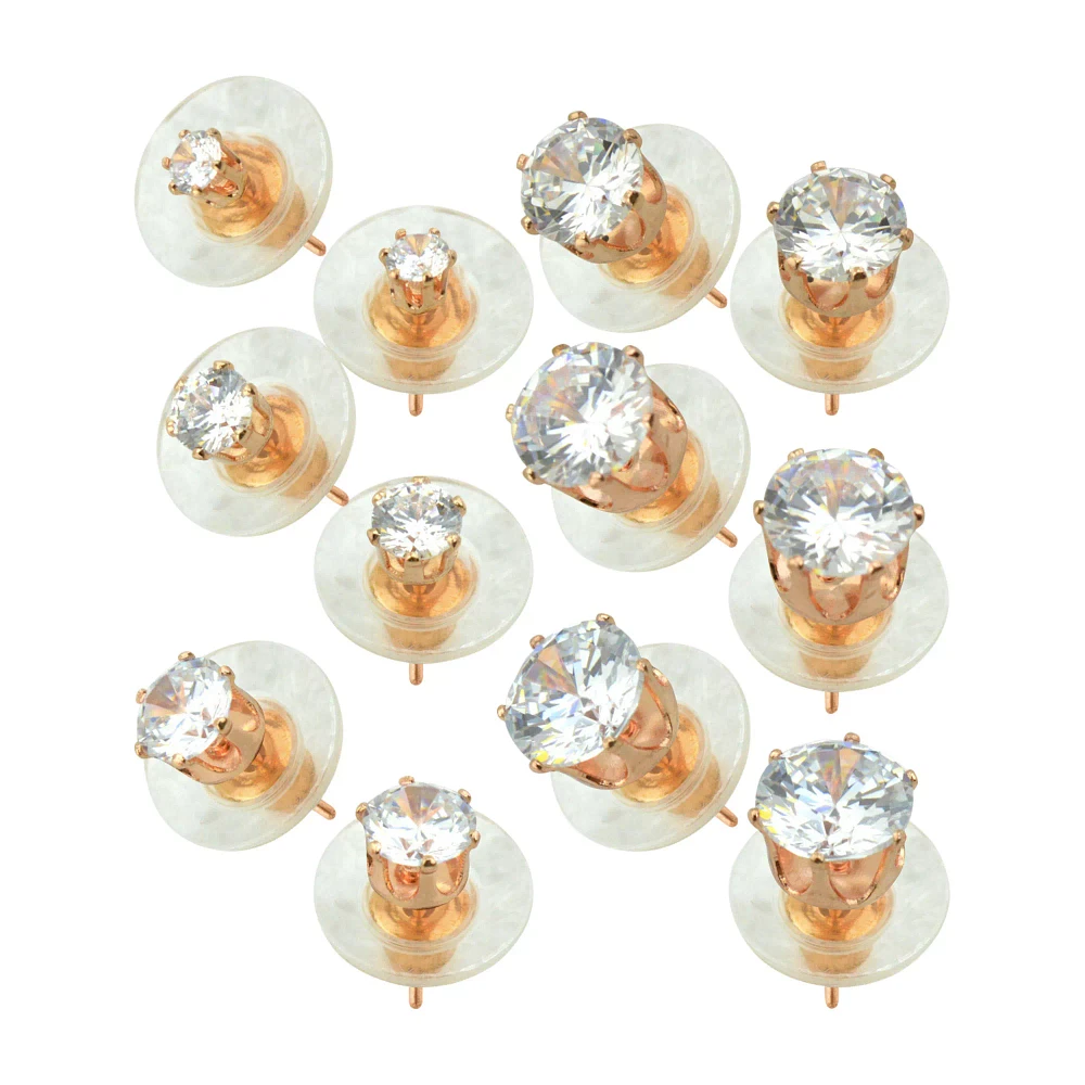Rose Goldplated Circle CZ Stud Earrings 6 Pair - 20 Gauge