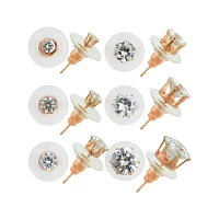 Rose Goldplated Circle CZ Stud Earrings 6 Pair - 20 Gauge