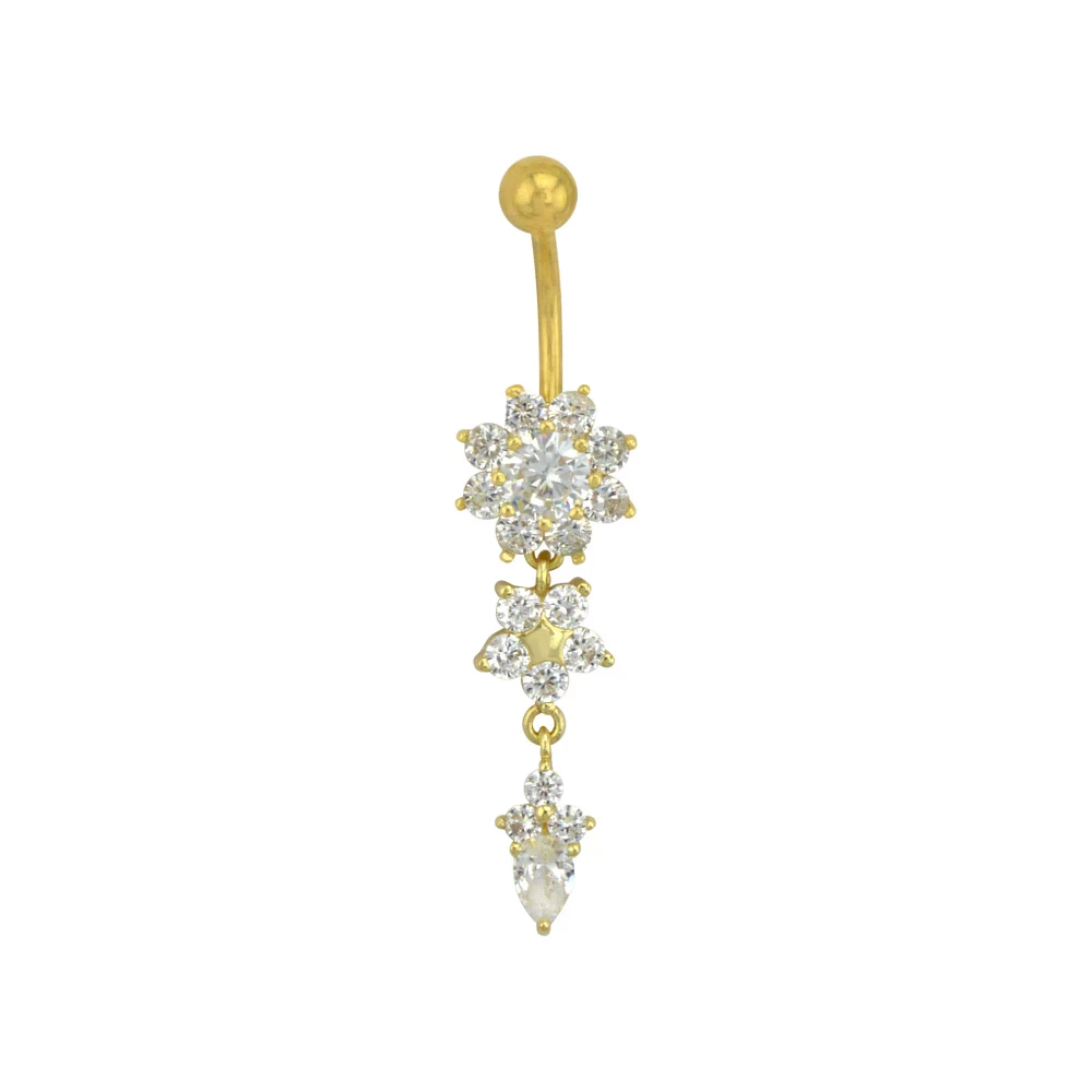 Goldtone CZ Flower Dangle Belly Ring - 14 Gauge