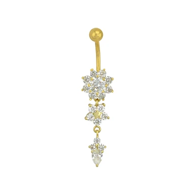 Goldtone CZ Flower Dangle Belly Ring - 14 Gauge