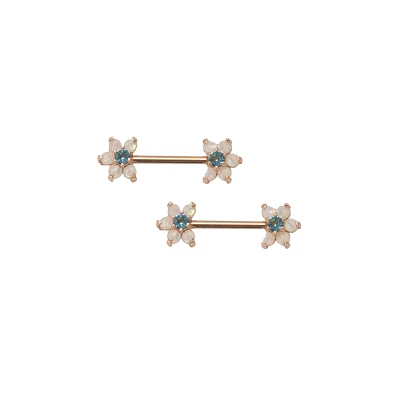 Opal-Effect Flower Nipple Rings - 14 Gauge