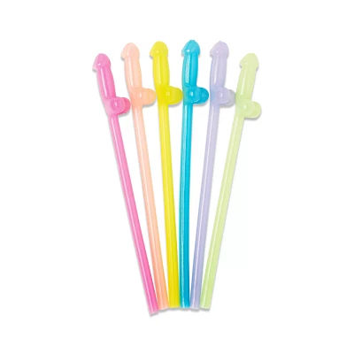 Glow In The Dark Rainbow Penis Straws - 6 Pack