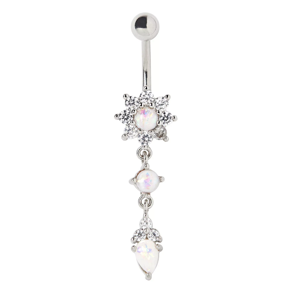 Opal-Effect Flower Dangle Belly Ring - 14 Gauge