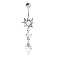Opal-Effect Flower Dangle Belly Ring - 14 Gauge
