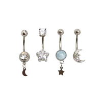 Multi-Pack Star Moon CZ Dangle Belly Rings 4 Pack - 14 Gauge
