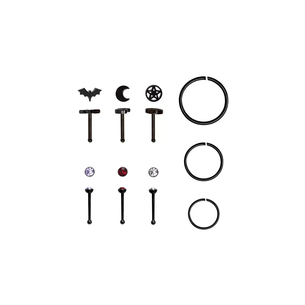 Multi-Pack Red CZ Witchcore Stud & Hoop Nose Rings - 9 Pack