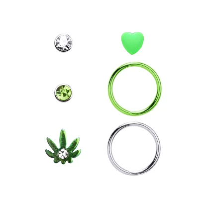 Multi-Pack CZ Leaf Nose Pins and Hoop Rings 6 Pack - 20 Gauge