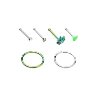 Multi-Pack CZ Leaf Nose Pins and Hoop Rings 6 Pack - 20 Gauge