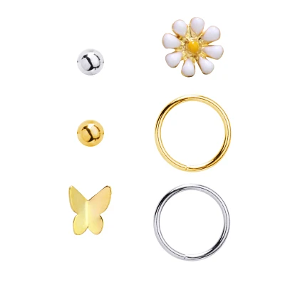 Multi-Pack Goldtone Butterfly Nose Pins and Hoop Nose Rings 6 Pack - 20 Gauge
