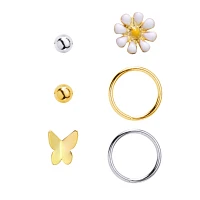 Multi-Pack Goldtone Butterfly Nose Pins and Hoop Nose Rings 6 Pack - 20 Gauge