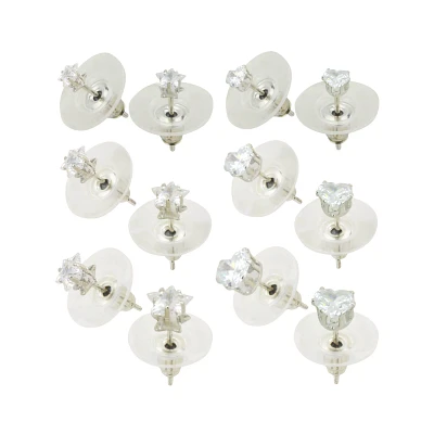 Multi-Pack CZ Stars and Heart Stud Earrings 6 Pair - 20 Gauge