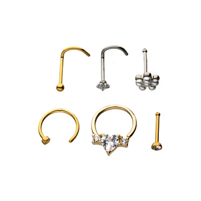 Multi-Pack Goldtone CZ Nose Rings 6 Pack - 20 Gauge