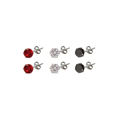 Red and Black CZ Stud Earrings - 3 Pair