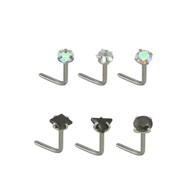 Multi-Pack Shape CZ L-Bend Nose Rings 6 Pack - 20 Gauge