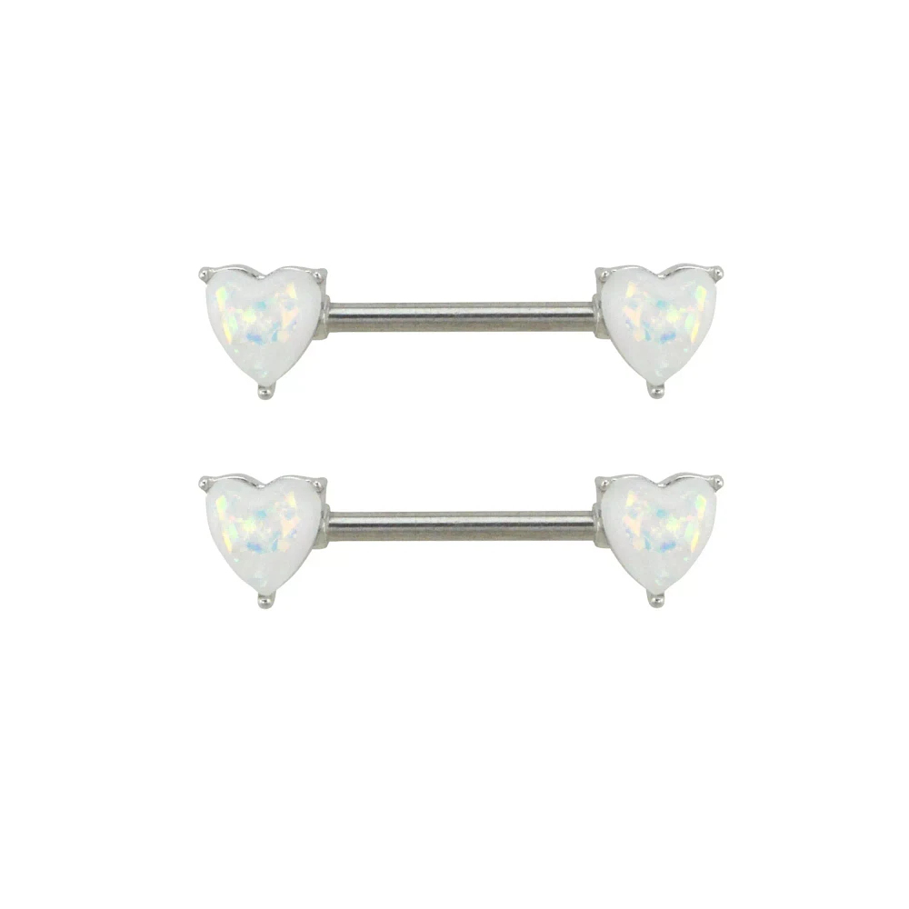 Opal-Effect Heart Nipple Barbells - 14 Gauge