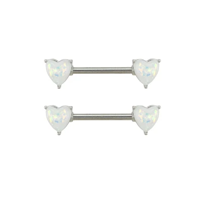 Opal-Effect Heart Nipple Barbells - 14 Gauge