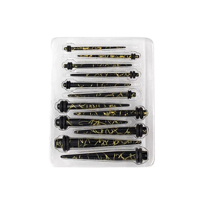 Black and Goldtone Marble Ear Tapers Kit - 6 Pair