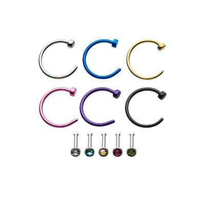 Multi-Pack Colored Hoop Nose Rings and CZ Bone - 12 Pack