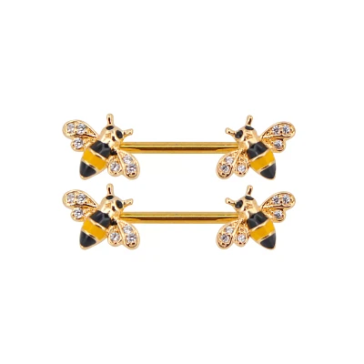Goldtone Bumblebee CZ Nipple Barbell – 14 Gauge