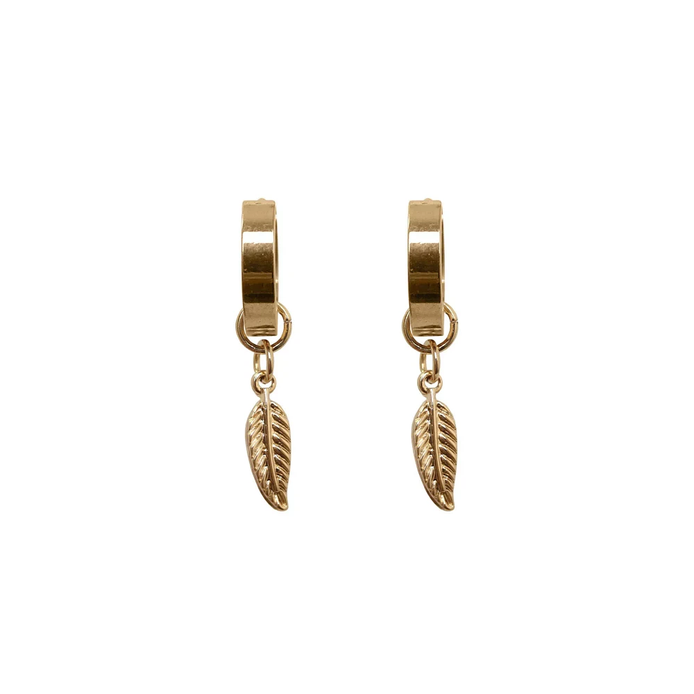Goldtone Feather Dangle Huggie Earrings - 18 Gauge