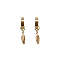 Goldtone Feather Dangle Huggie Earrings - 18 Gauge