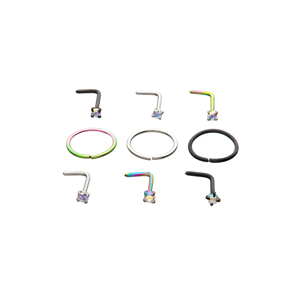 Multi-Pack CZ L Bend and Hoop Nose Rings 9 Pack - 20 Gauge